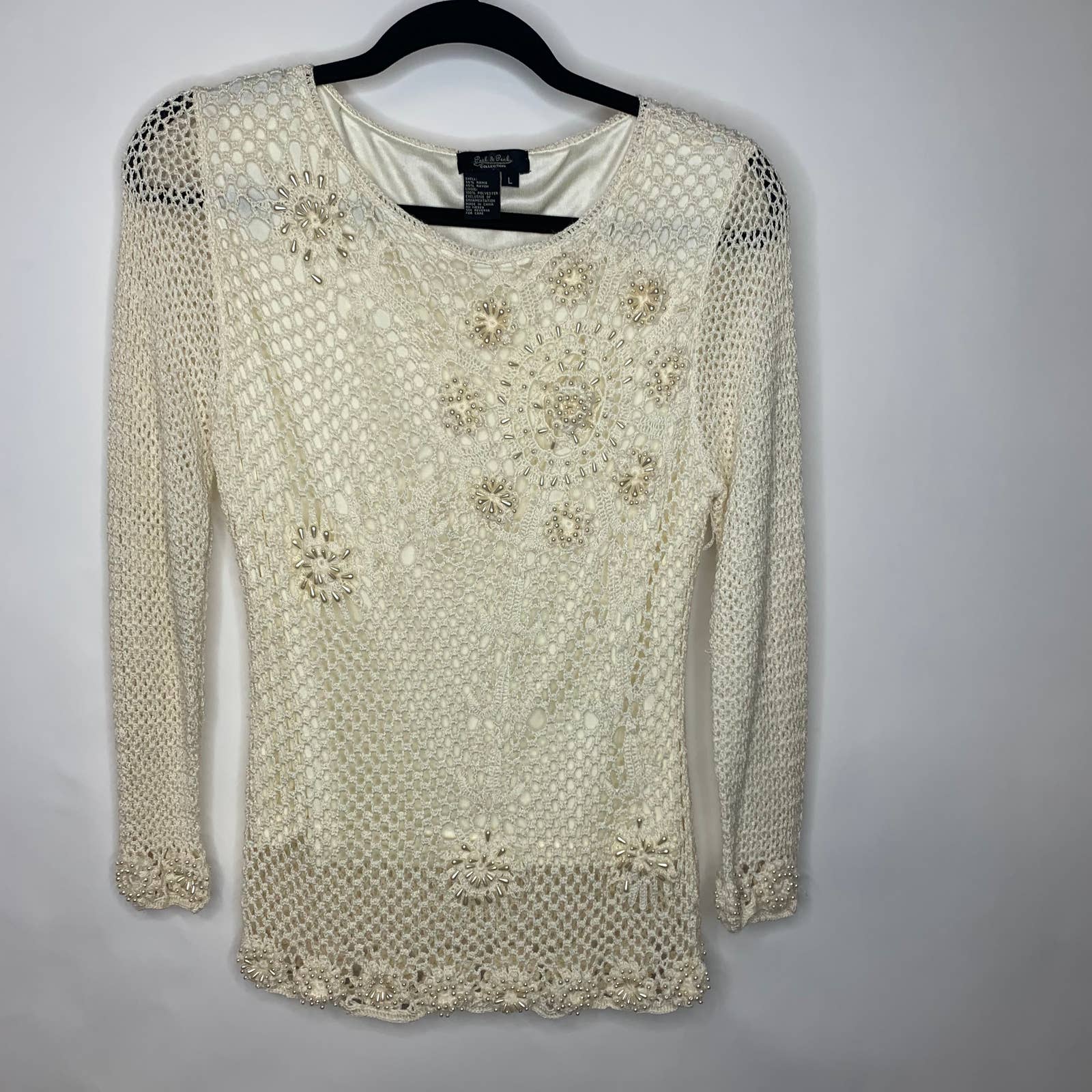 Peck & Peck Cottagecore Crochet Ivory Pearl Embellished Sweater Sz Large